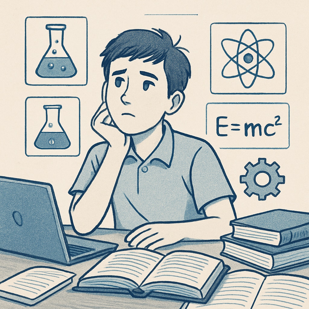A high school student surrounded by books and a laptop, appearing thoughtful and overwhelmed while researching STEM disciplines. High school student researching STEM majors while feeling overwhelmed.