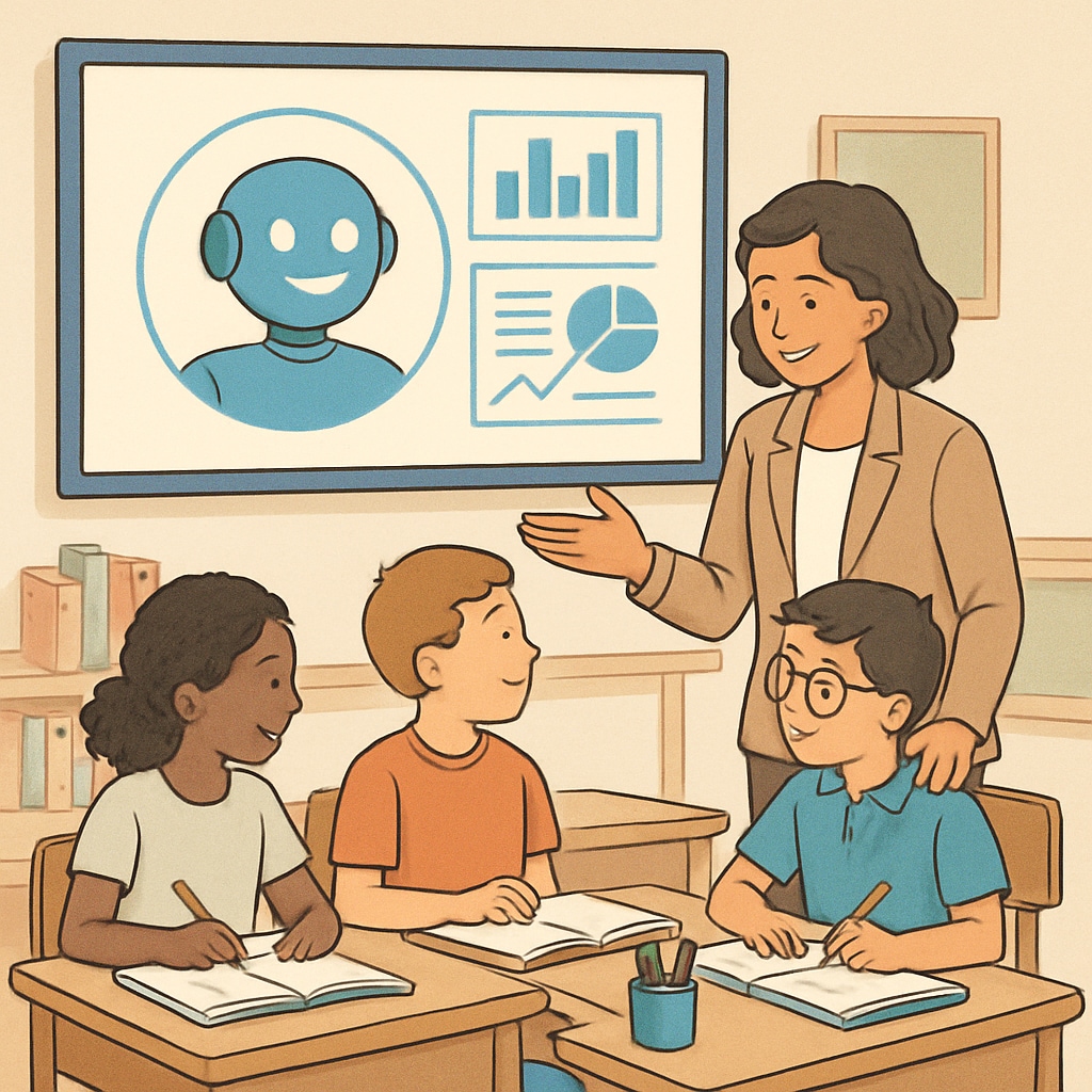A classroom setting where a teacher collaborates with students while an AI system displays analytical insights on a screen. This image highlights the coexistence of AI and human teaching. Teacher working with students in a classroom, supported by an AI system providing insights.