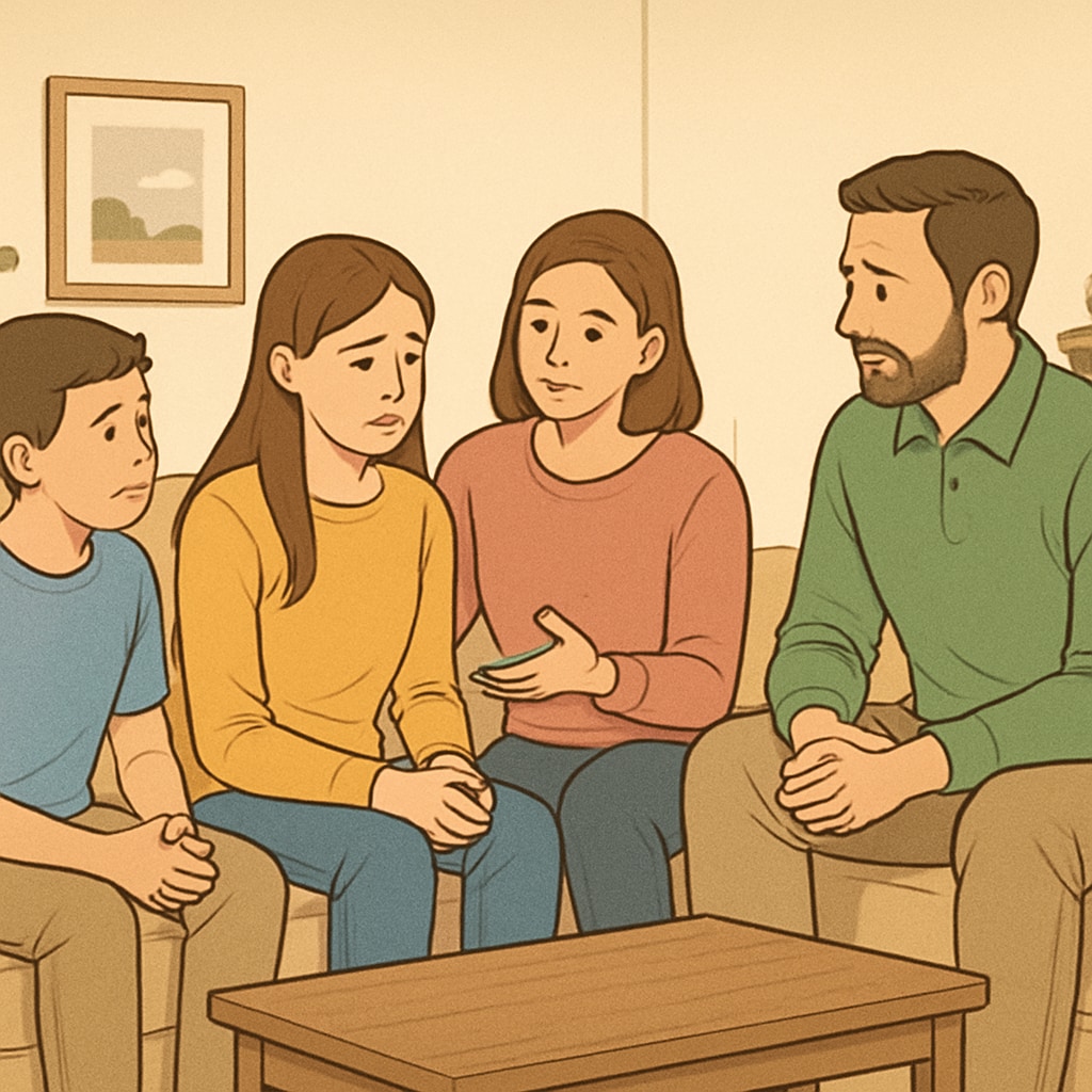 A family sitting in a living room, having a supportive discussion about school and lifestyle challenges with their teenage child. The image emphasizes family communication and understanding. Family discussing school and lifestyle challenges with a teenager