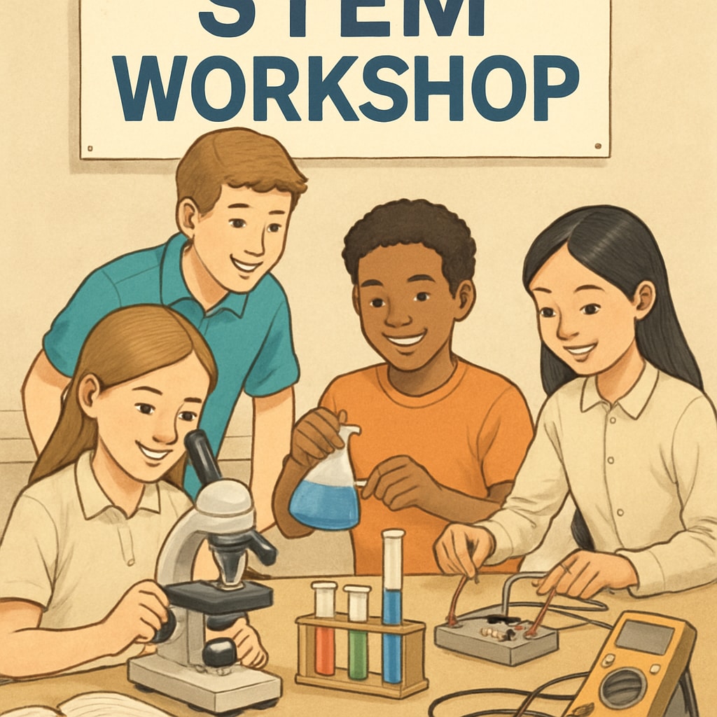 A group of students participating in a STEM workshop, engaging with hands-on experiments and smiling confidently. High school students participating in a STEM workshop with hands-on experiments.