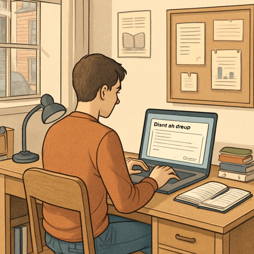A student using ChatGPT Plus on a laptop to draft an essay in a dorm room. Student using ChatGPT Plus for essay writing, showcasing AI subscription services.