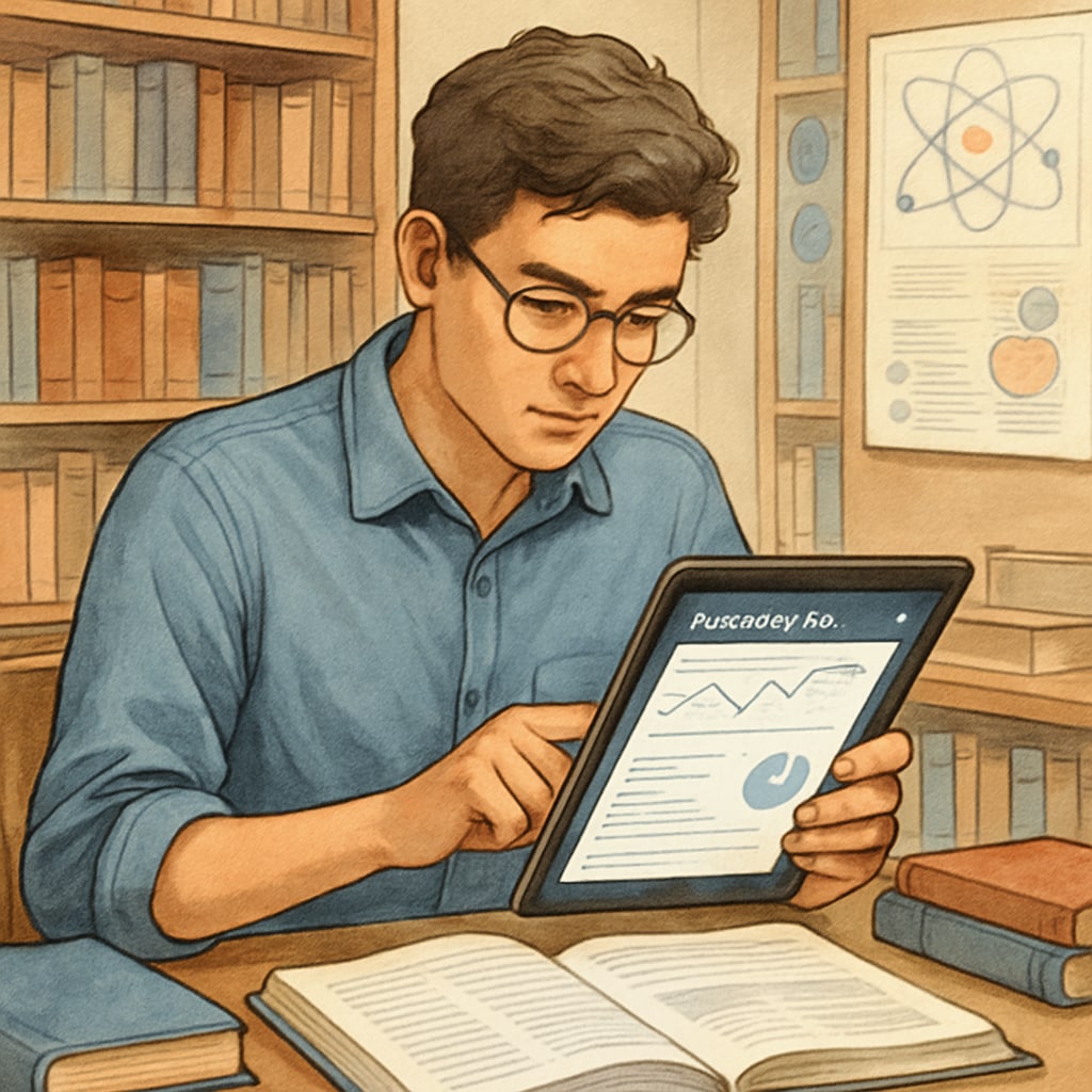 A college student using Perplexity Pro on a tablet while researching scientific data in a library. College student utilizing Perplexity Pro for scientific research during study.