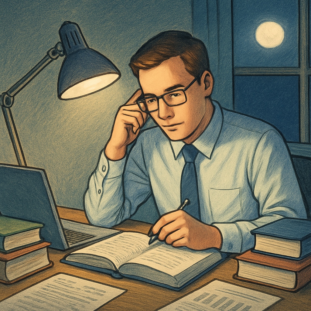 A 30-something professional balancing work and education at night.