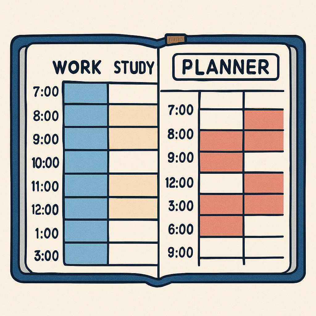 A planner showcasing a balanced schedule for work, study, and personal time.