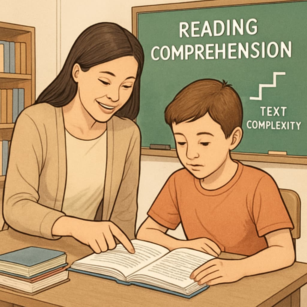 Elementary school teacher helping a student with reading comprehension