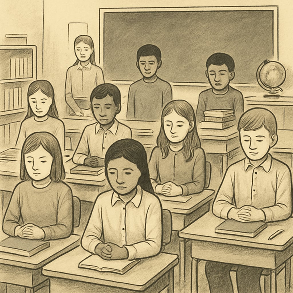 Students observing a moment of silence in a classroom, representing globalized mourning for war victims.