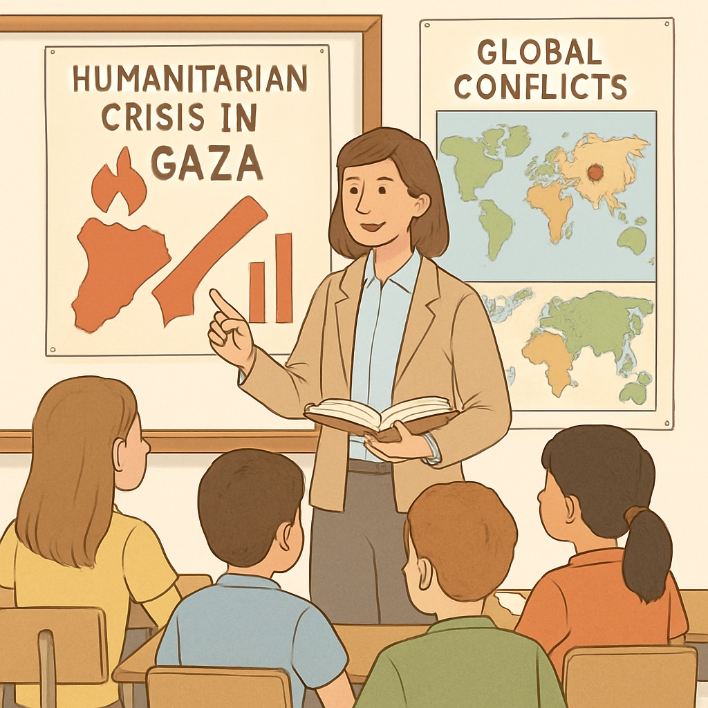 Teacher using maps to discuss global conflicts, highlighting Gaza’s humanitarian issues.
