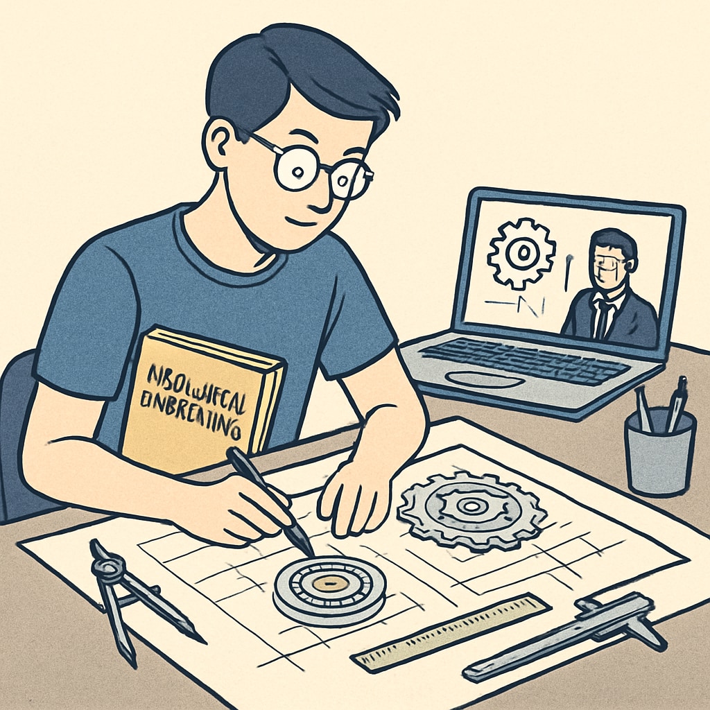 A student working on mechanical engineering designs while attending an online class, representing the balance between dual degrees. Student balancing mechanical engineering and online studies for dual degree success