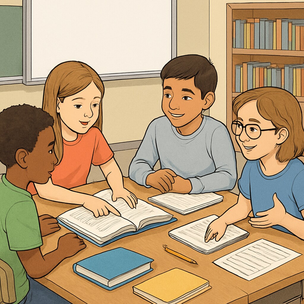 Fifth-grade students collaborating on a reading and critical thinking activity.