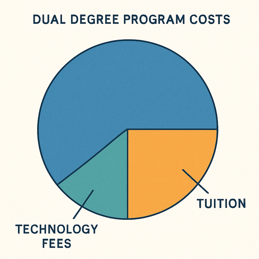 A pie chart showing the cost distribution of a dual degree, including tuition, resources, and technology fees. Financial breakdown of dual degree costs for engineering students