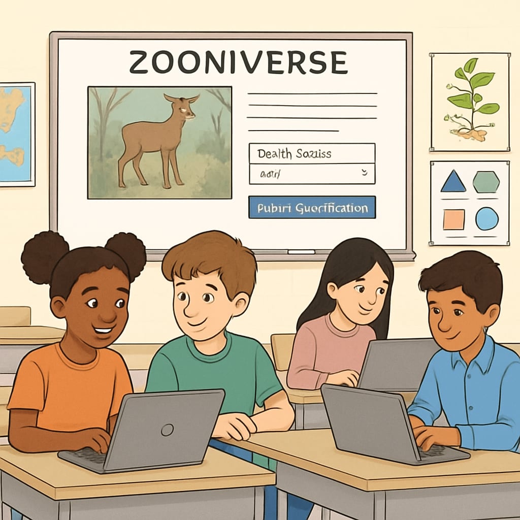 Students participating in a Zooniverse citizen science project on wildlife tracking.