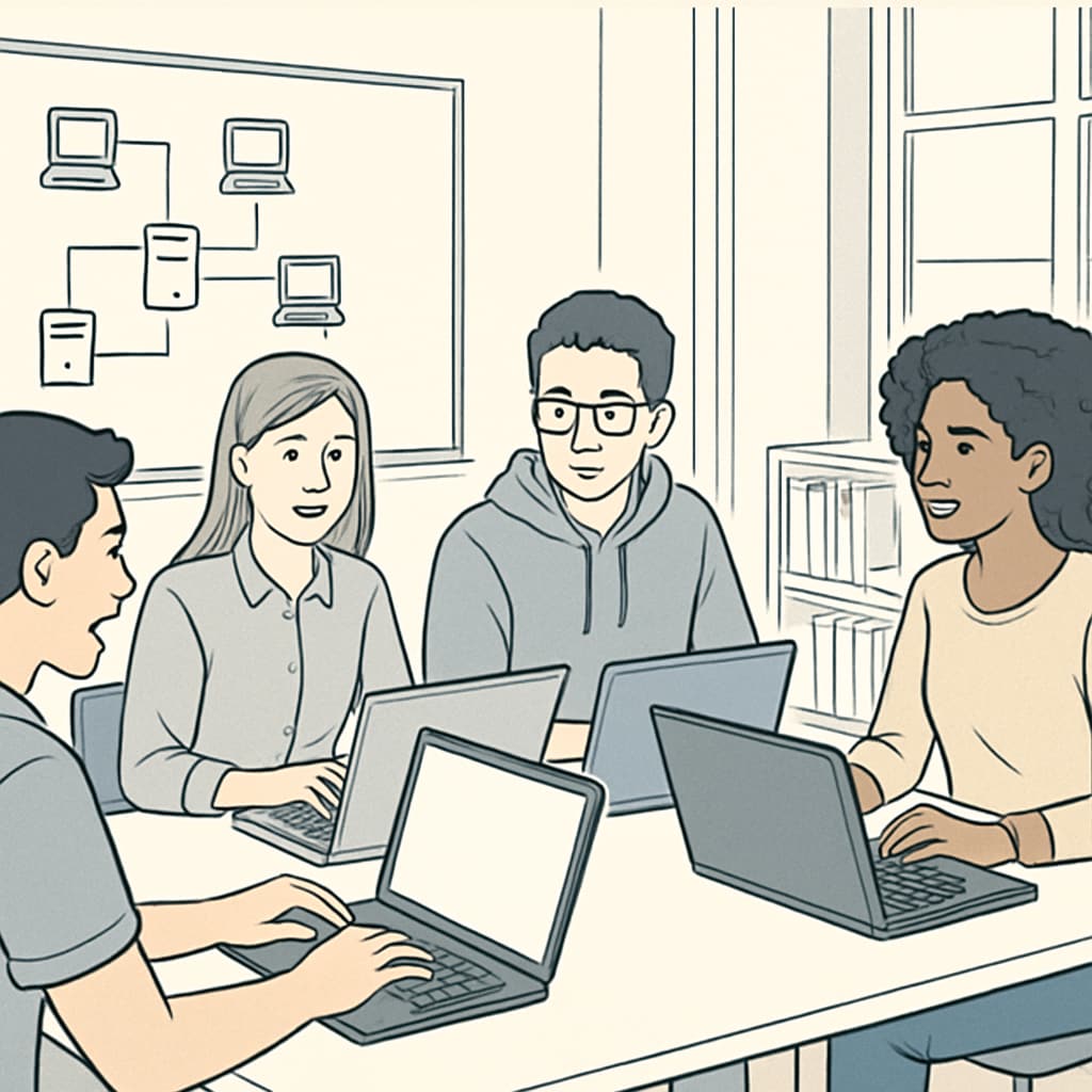 Students discussing IT projects in a classroom with laptops.