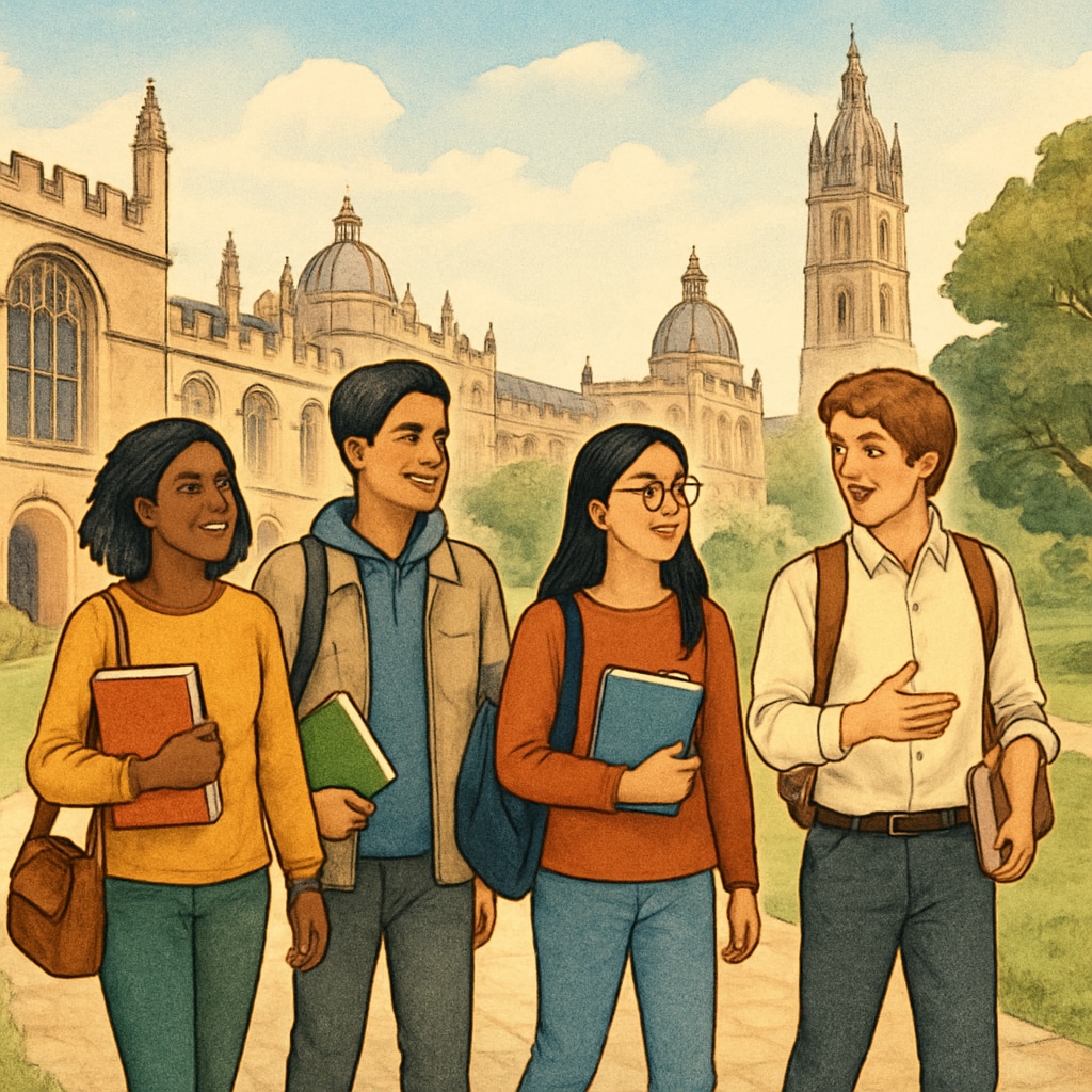 A diverse group of international students walking on the campus of Oxford University, symbolizing the challenges they face. International students at Oxford University facing challenges like high fees and immigration barriers.