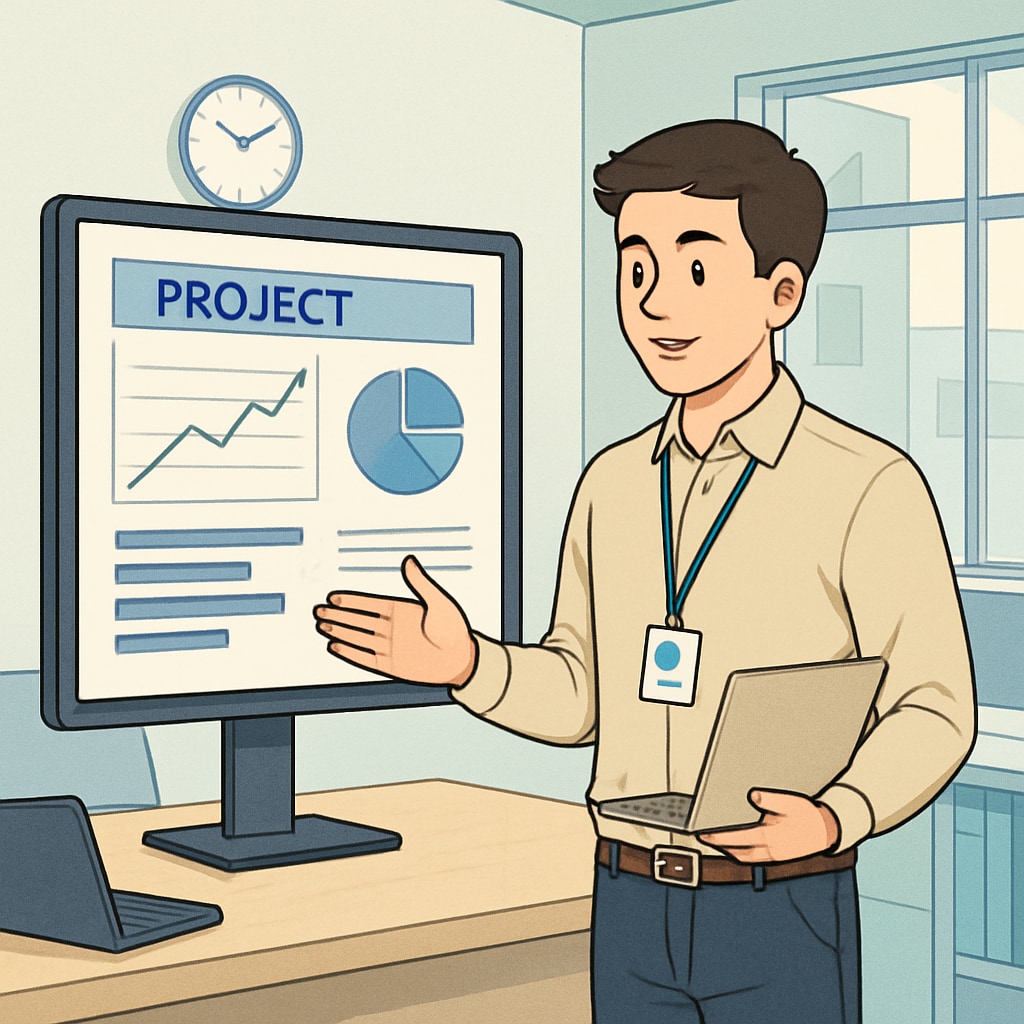 IT professional presenting a project in an office.