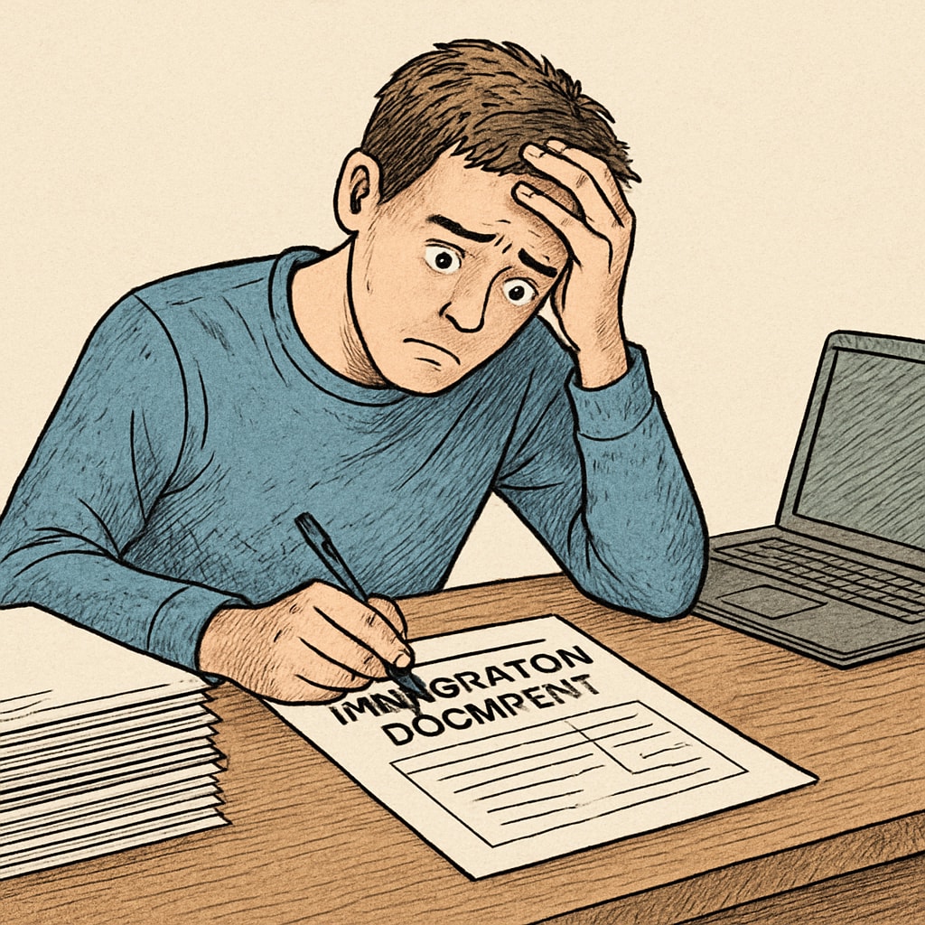 A stressed student reviewing immigration documents at a desk, symbolizing the challenges of visa restrictions. An immigrant student at Oxford University struggling with visa restrictions and financial burdens.