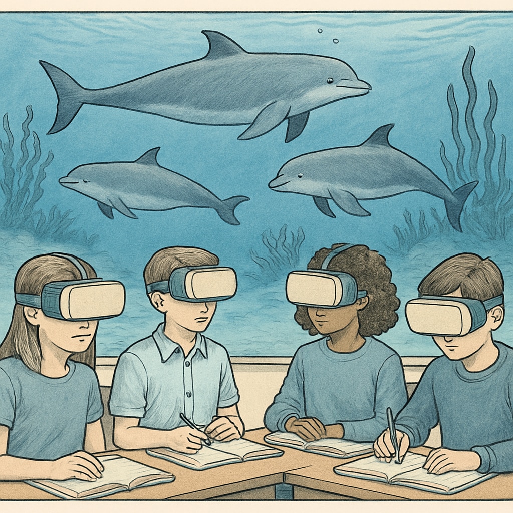Students in a classroom using virtual reality to learn about porpoises and marine ecosystems.