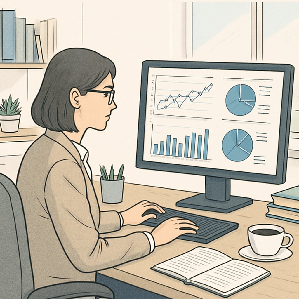 Remote work setup for a business analytics and finance professional.