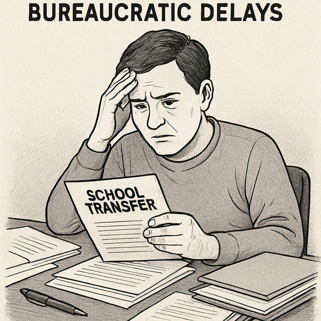 A frustrated parent reviewing school transfer documents, symbolizing bureaucratic delays. Parent reviewing documents, symbolizing delays in SEN school transfers in the UK.