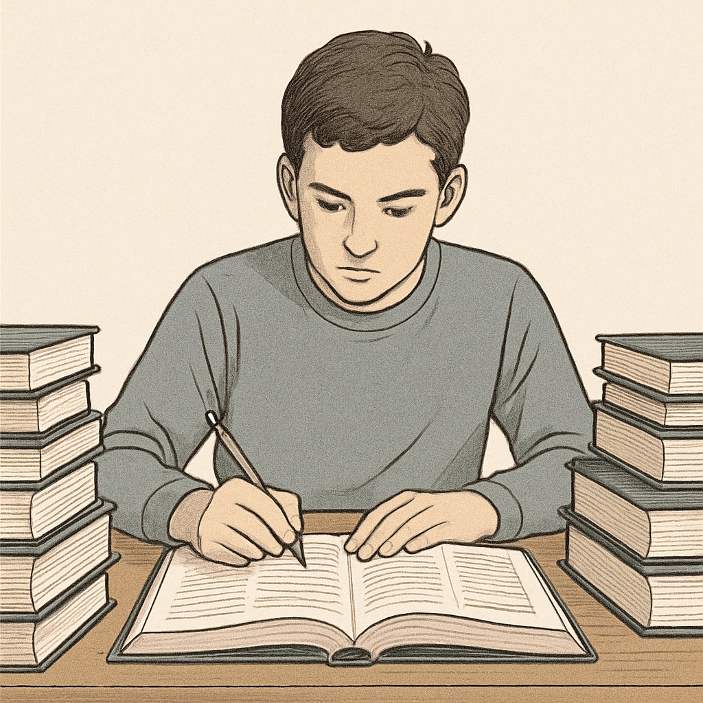 Student focused on exam preparation with textbooks.