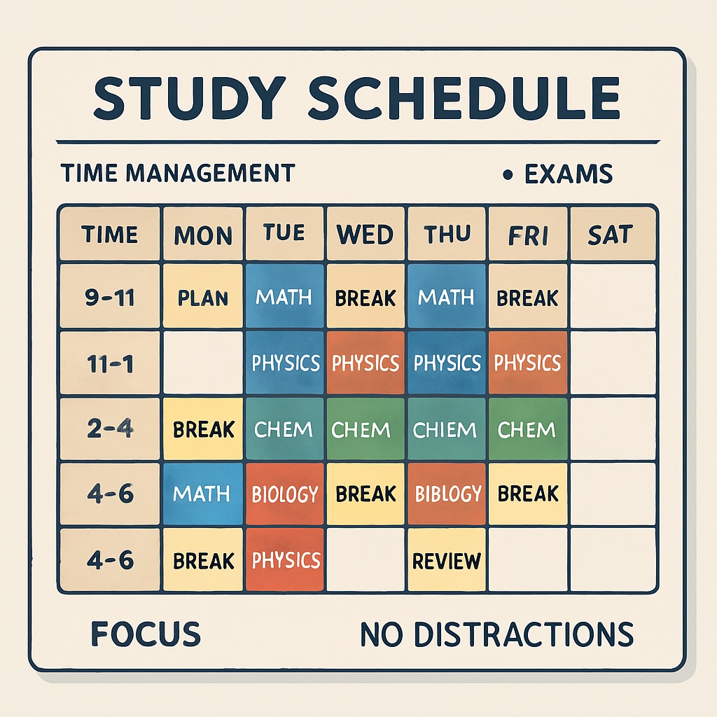 Planner showing structured study schedule for exams.