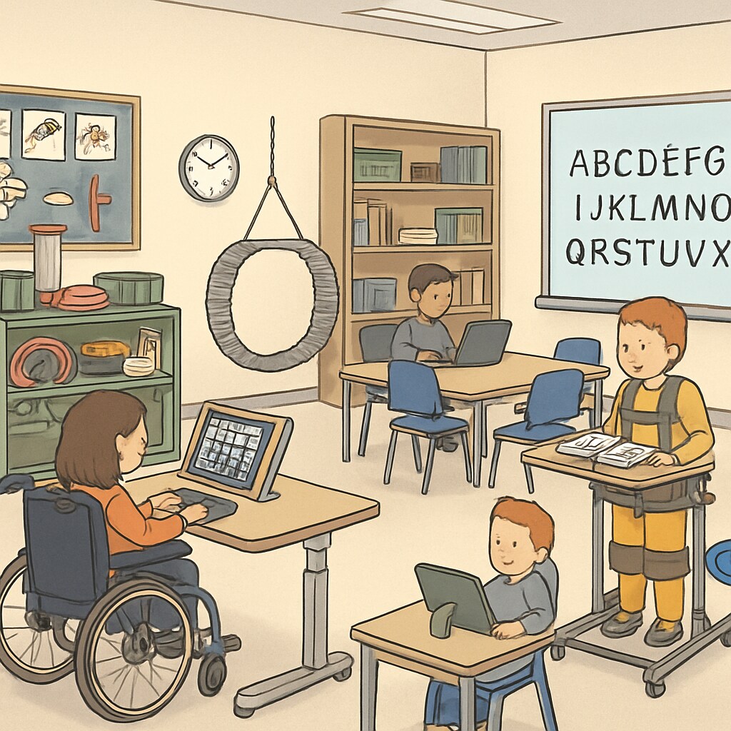 A classroom with specialized tools for SEN students, emphasizing the importance of tailored education. Classroom with specialized tools for special needs education in the UK.