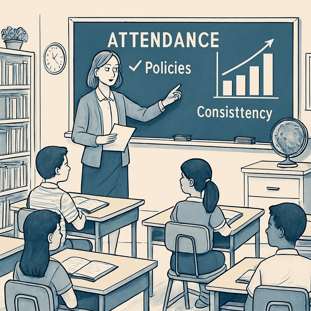 A classroom with a teacher explaining attendance policies to students, emphasizing the importance of consistency. Teacher explaining school attendance policies to a classroom of students.