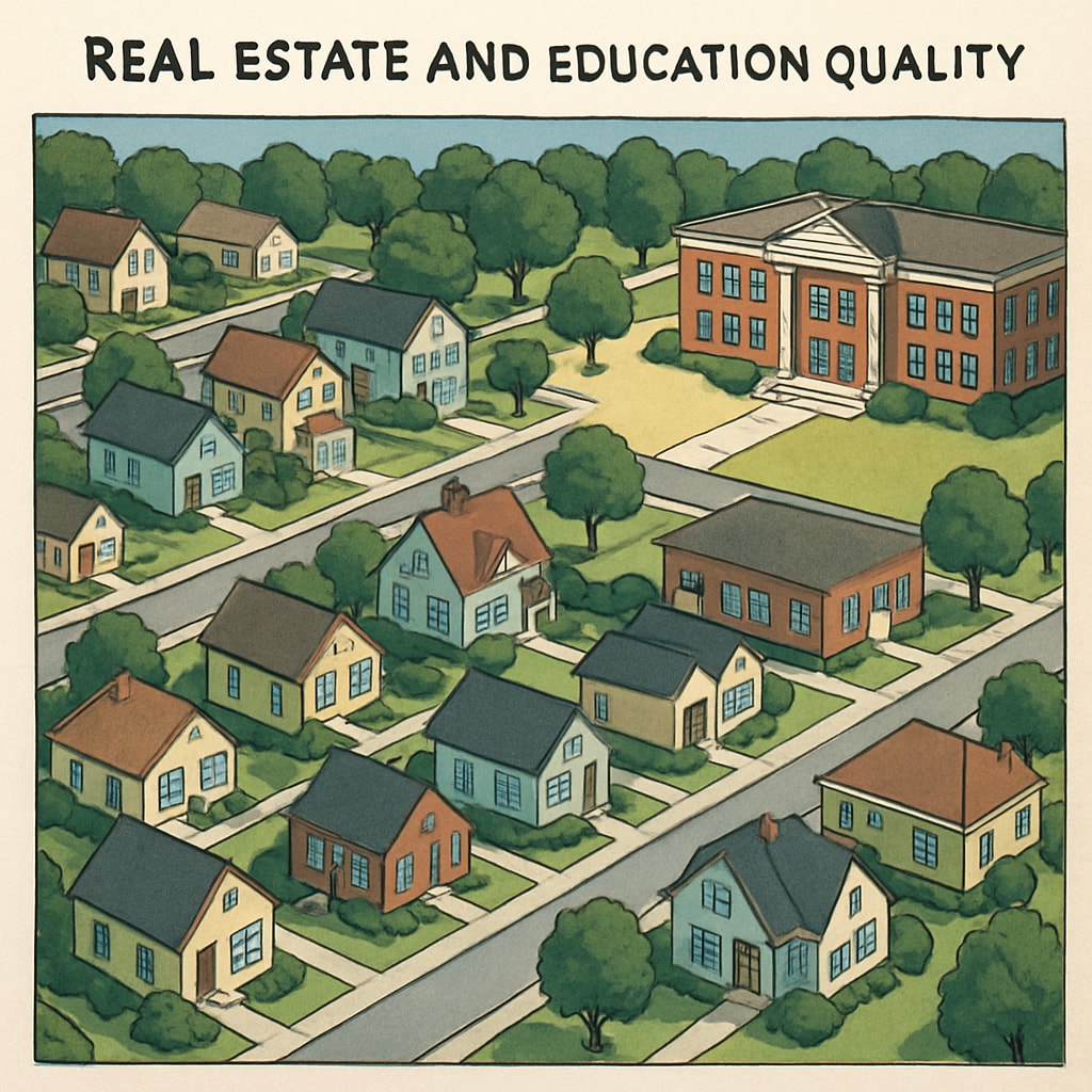 A suburban neighborhood with homes near a high-performing school, showcasing the connection between real estate and education quality. Suburban neighborhood with homes near a top-ranked school.