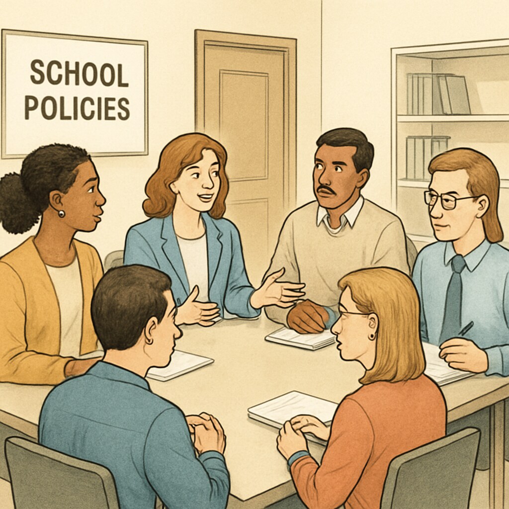 A group of parents and educators discussing the impact of school policies, representing the need for collaboration. Parents and educators discussing school attendance policies and their implications.