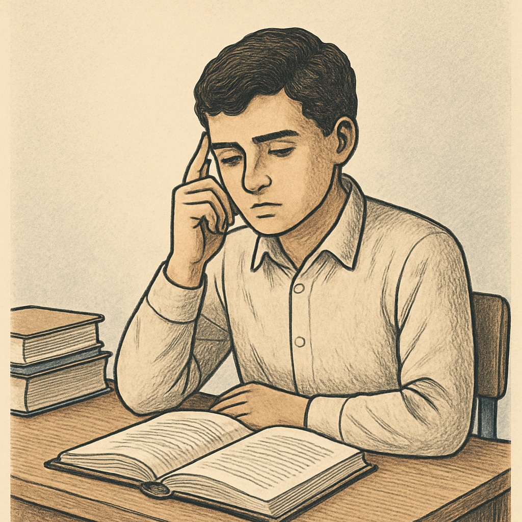 A student sitting at a desk looking contemplative, symbolizing self-reflection and educational challenges. A student reflecting on their modified diploma challenges.