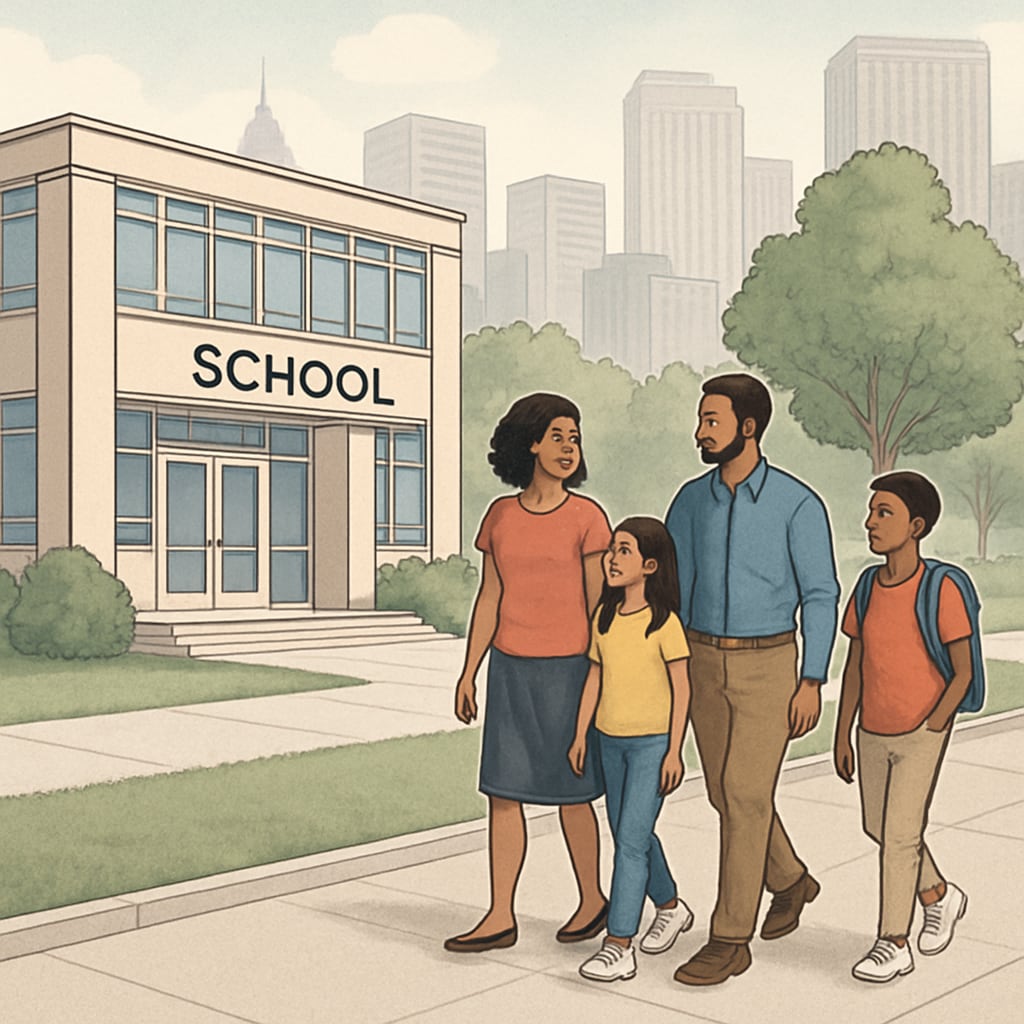 A family touring a school campus in a metropolitan area, symbolizing the role of education in housing decisions. Family visiting a school in a metropolitan area.