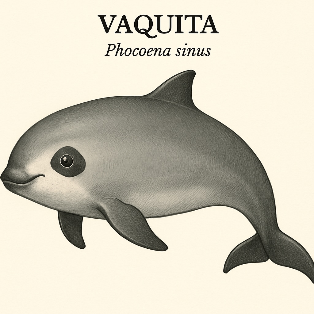 A close-up of a vaquita, highlighting its distinctive dark eye patches.