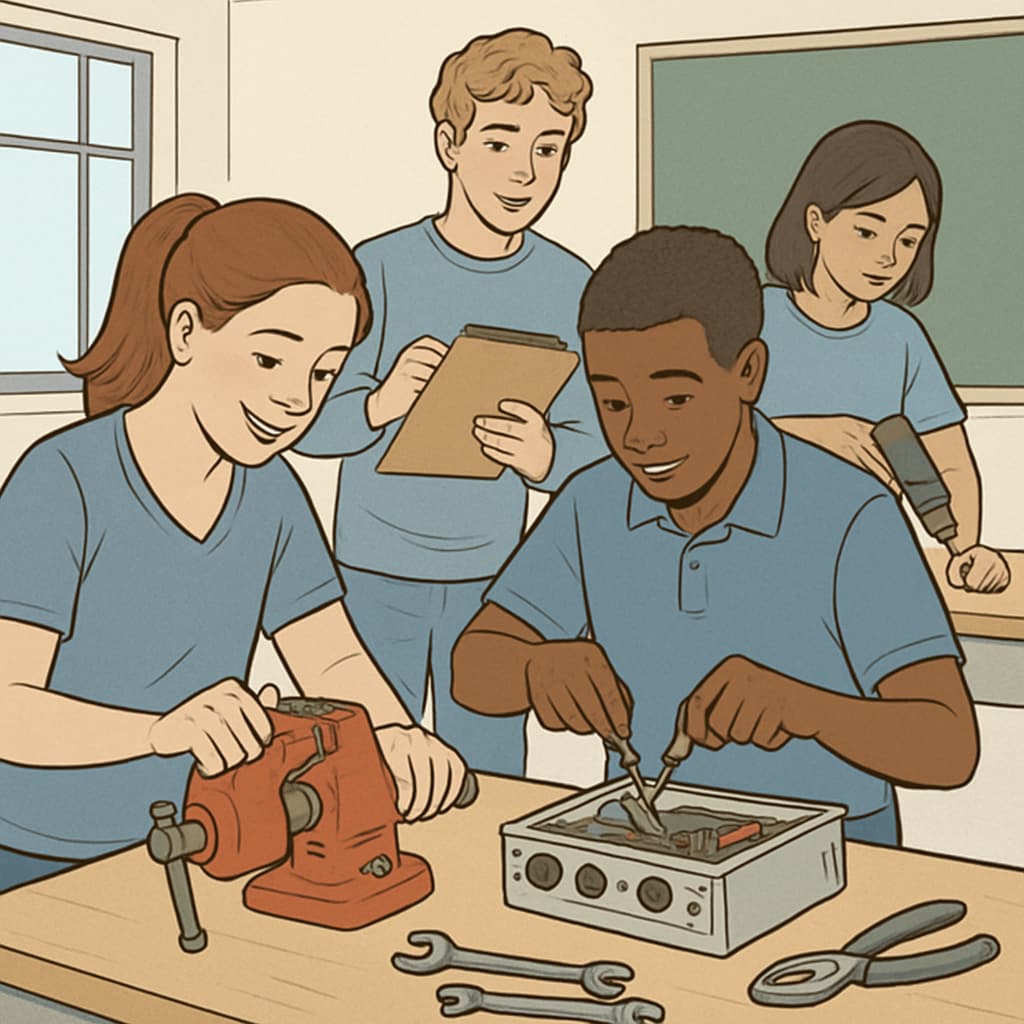 A group of students engaging in a hands-on vocational training session, representing alternative education opportunities. Students participating in vocational training as an alternative to traditional education.