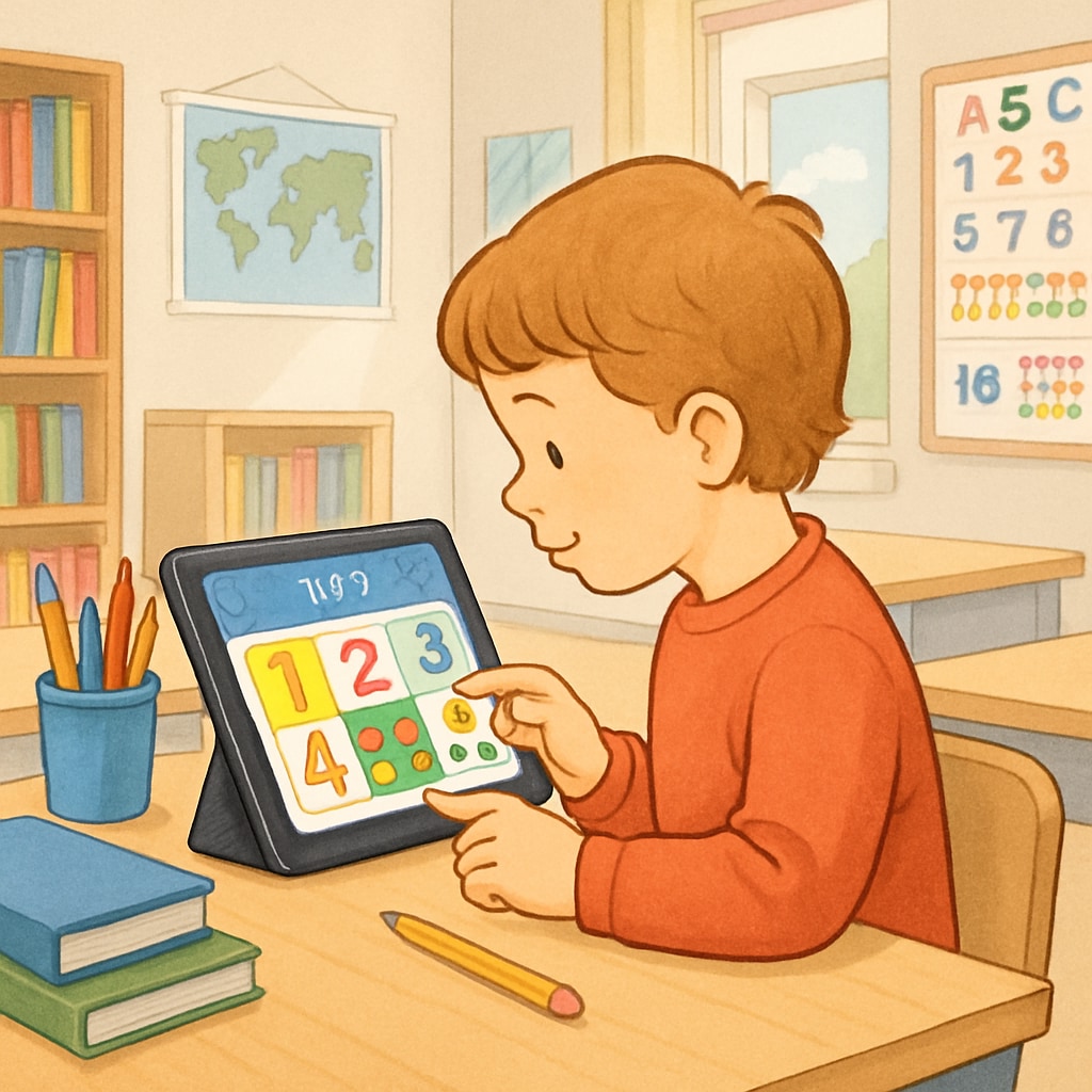 A child using a tablet to interact with a visually engaging educational app in a classroom setting. A child engaging with a visual interactive learning app for K12 education.