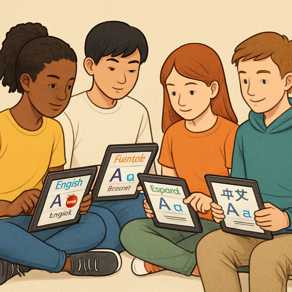 A diverse group of students using tablets, each displaying lessons in different languages, symbolizing multilingual education. Multilingual education displayed on a visual interactive app used by diverse students.