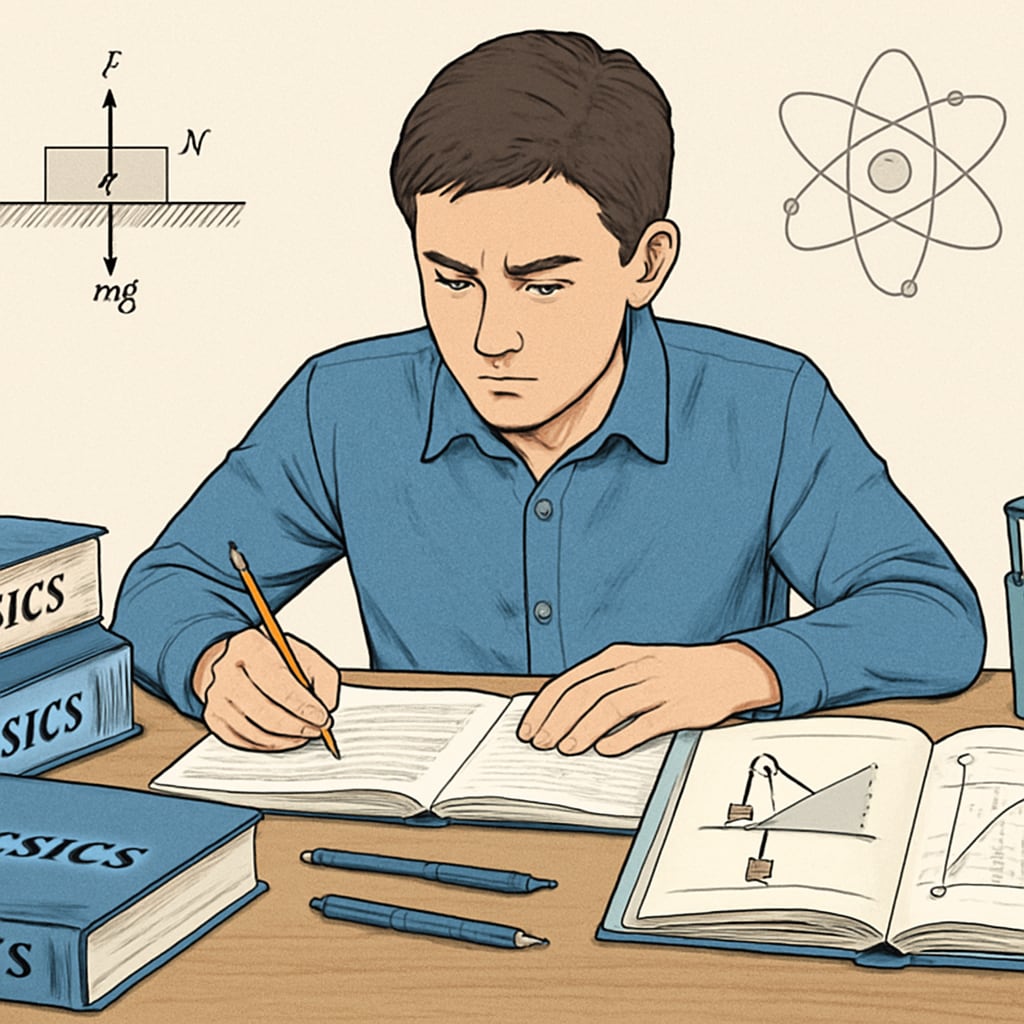 A student sitting at a desk surrounded by physics textbooks and notes, looking focused while studying. Student studying to overcome BSc Physics backlogs with time management strategies.