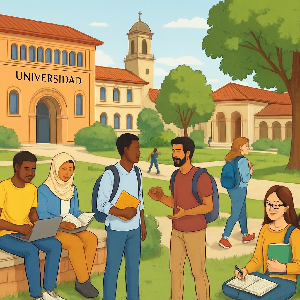 A bustling Spanish university campus with students from diverse backgrounds, symbolizing multicultural education. Spanish university campus with international students