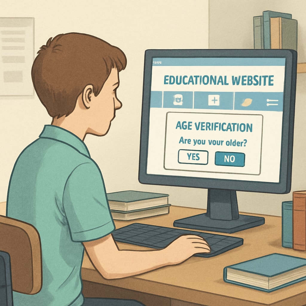 A student attempting to access an educational website but encountering an age verification prompt. Student facing age verification prompt while trying to use an educational resource.