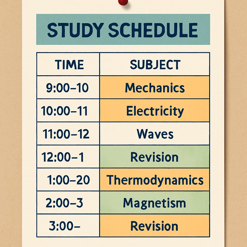 An organized study schedule pinned to a wall, detailing time slots for physics topics and revision sessions. Time management schedule for clearing physics backlogs efficiently.