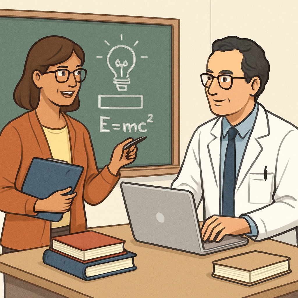A teacher and a university researcher collaborating on an educational project, symbolizing the connection between K12 education and higher education research. University of California expert and K12 teacher discussing educational strategies.