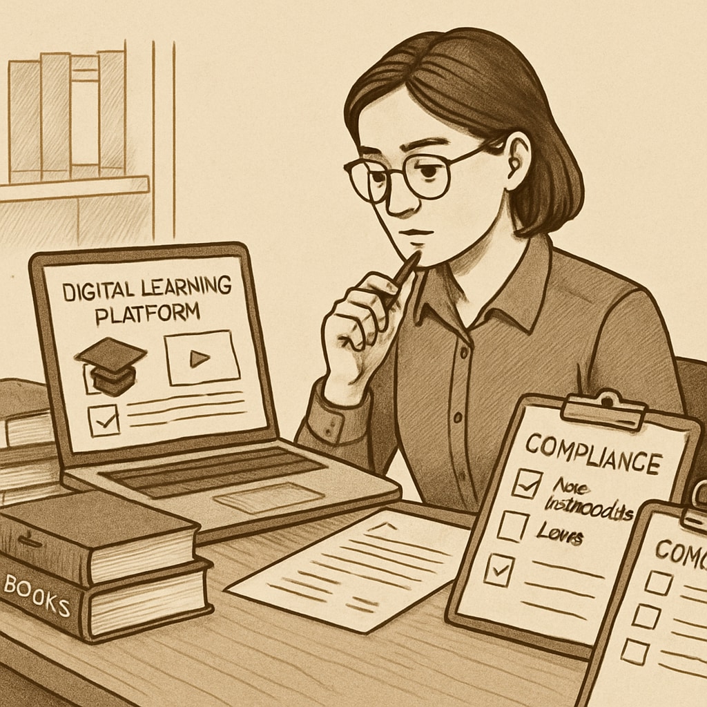 An educator reviewing digital learning platforms to ensure compliance with age verification laws. Teacher analyzing digital platforms for compliance with legal requirements.