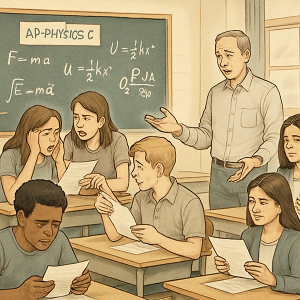Students reviewing AP Physics C exam results in a classroom setting, reflecting on grading disputes.