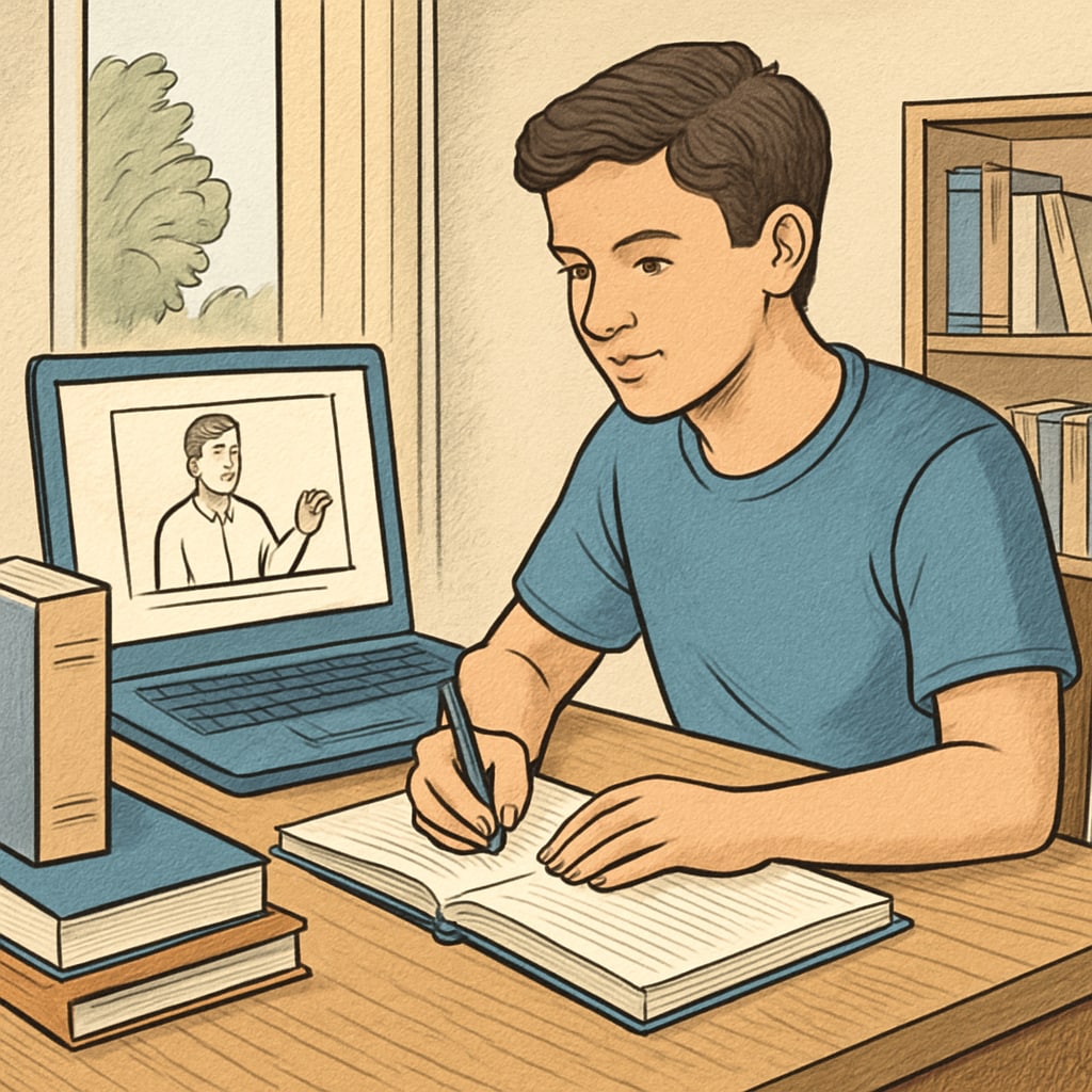 A student studying at home with a laptop, representing online learning and dual enrollment opportunities. Student using a laptop for the Khan World School and ASU dual enrollment program.