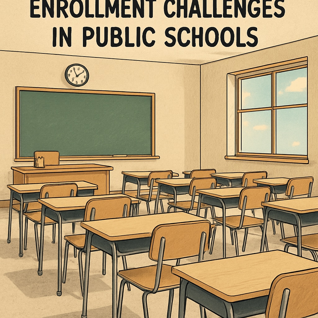 A classroom showing empty desks, symbolizing enrollment challenges in public schools. Empty desks in a classroom, representing the impact of enrollment loss on public schools.