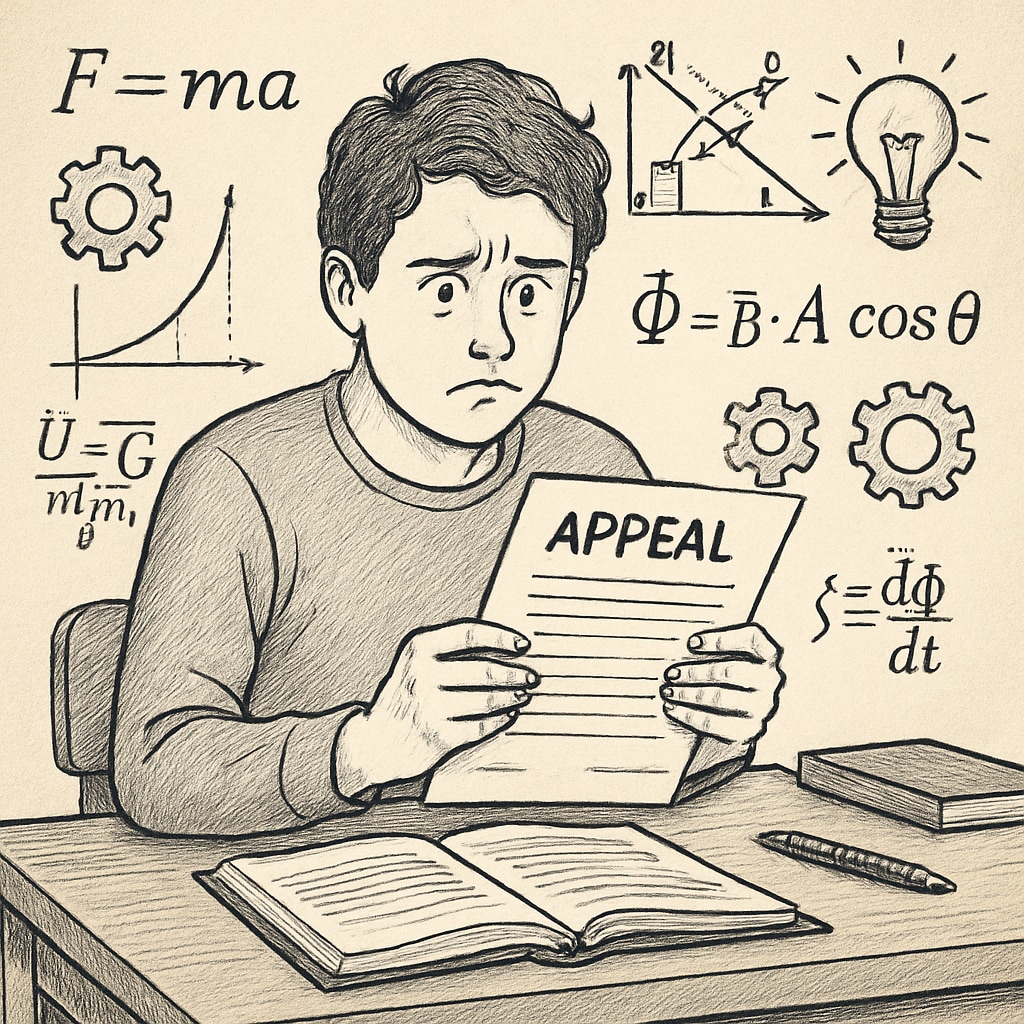 A student holding appeal documents while looking distressed, representing AP Physics C appeal failures.