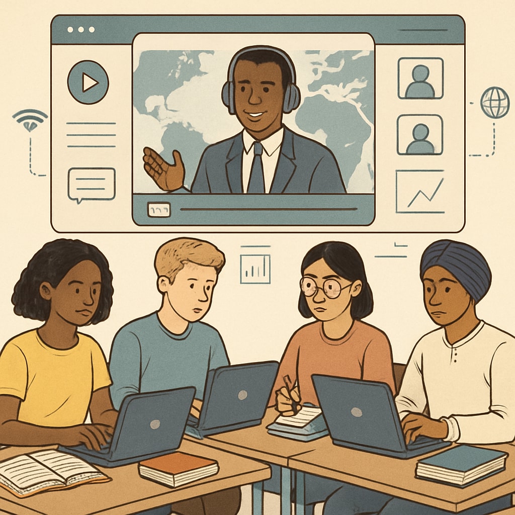 A diverse group of students participating in an online class, symbolizing a global learning community. Students in an online learning environment for the Khan World School and ASU dual enrollment program.