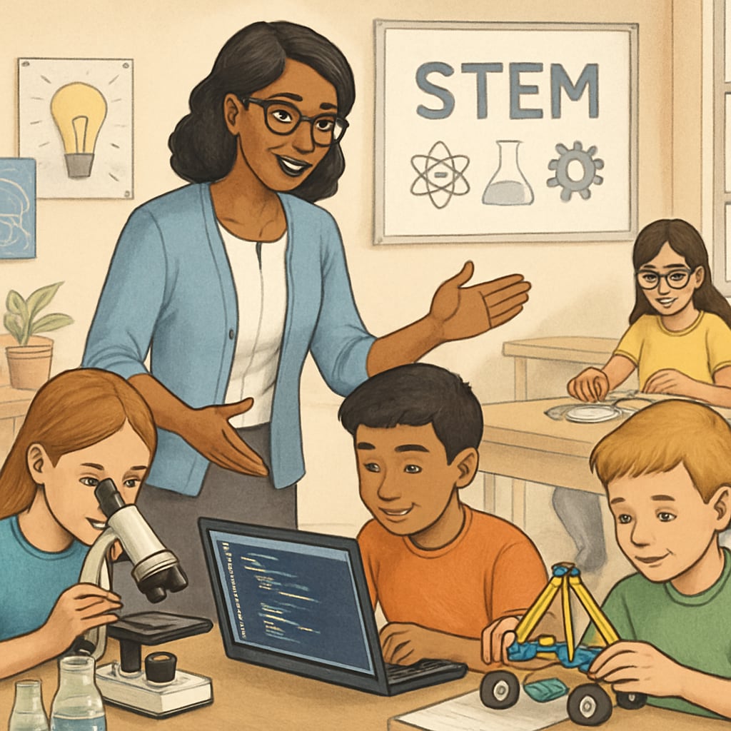 A teacher engaging with students in a STEM-focused classroom, showcasing innovation in public schools. A teacher guiding students in a STEM classroom, highlighting public school innovation.