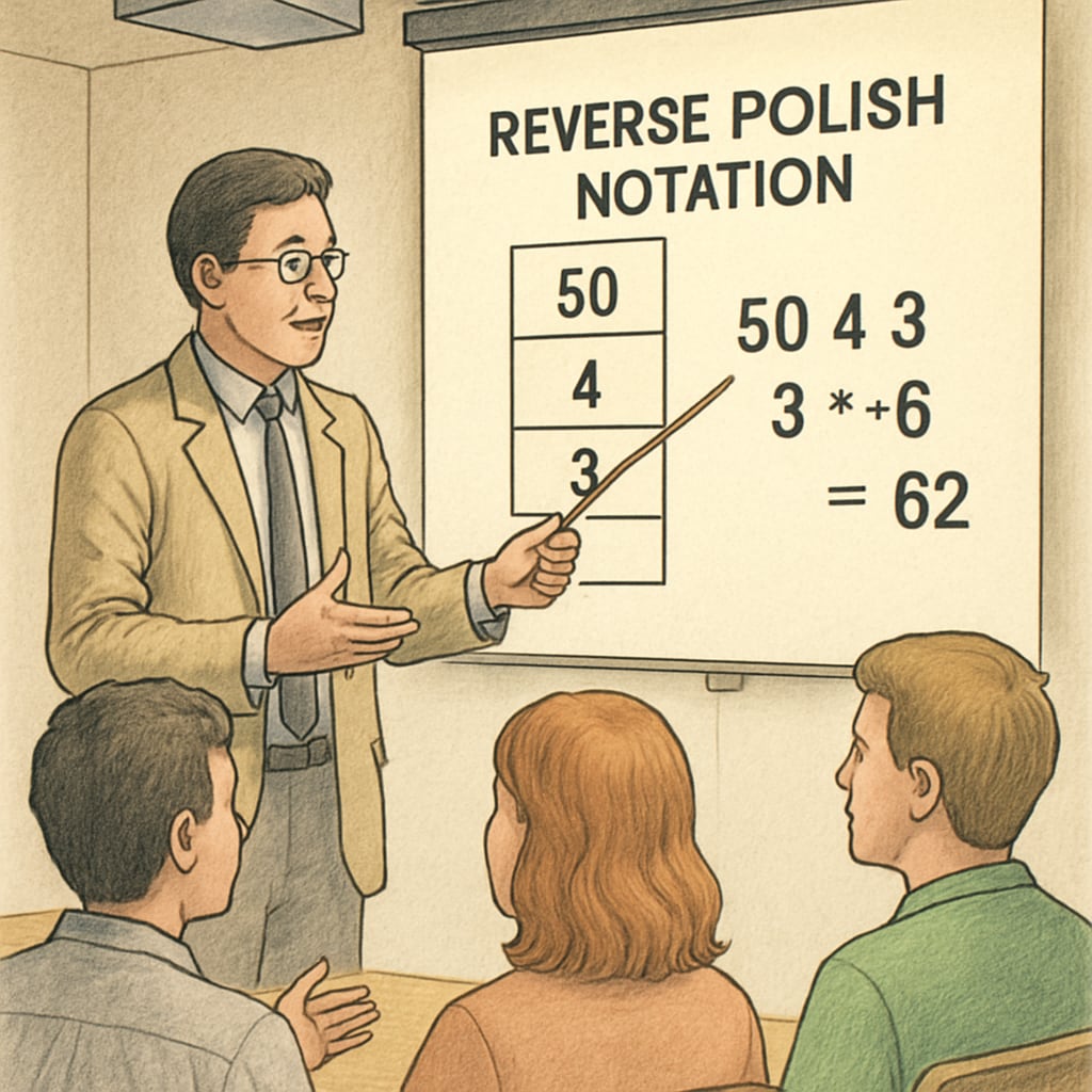 An educator demonstrating RPN calculations on a projector to explain the concept visually and engage students. Teacher explaining RPN calculations on screen