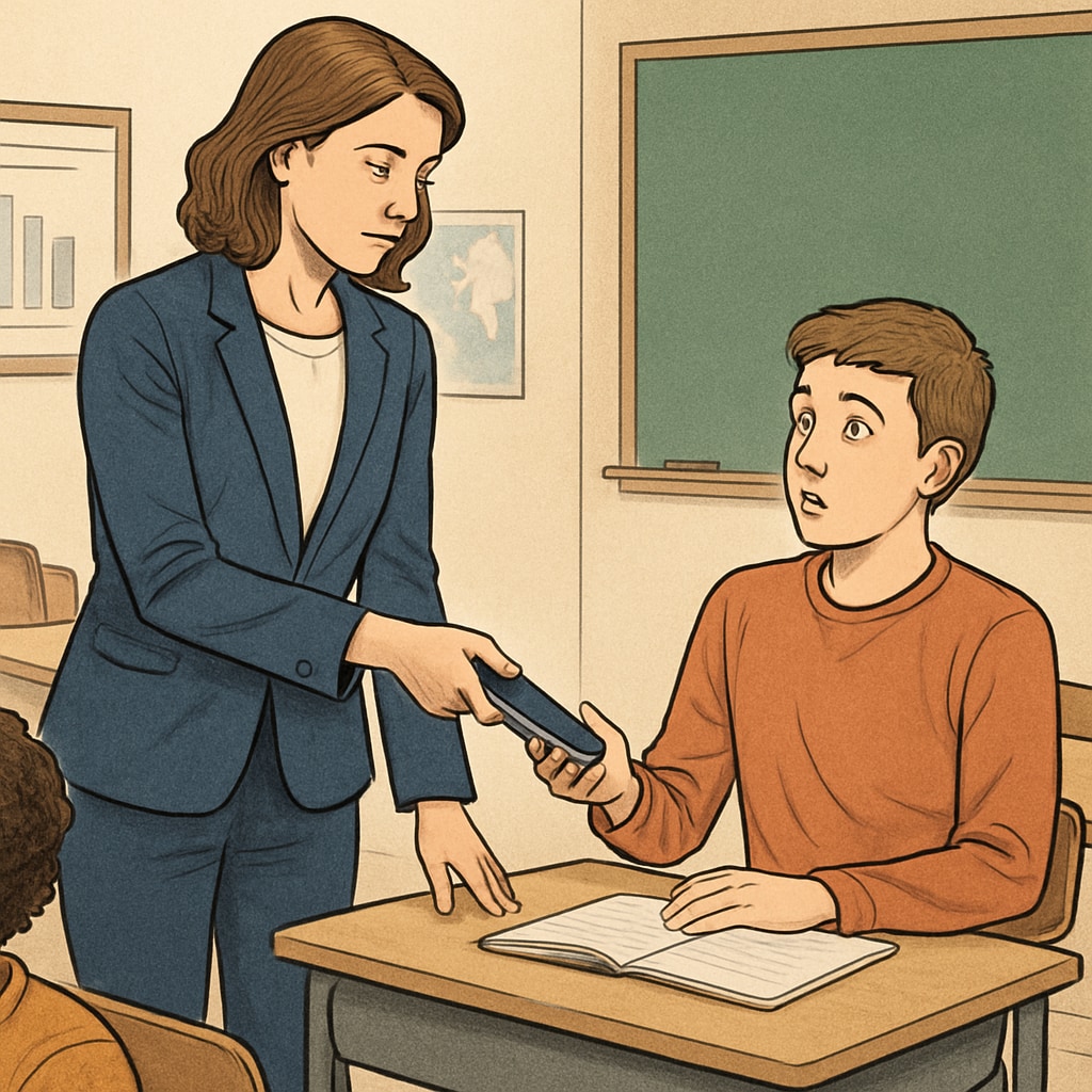 School phone ban enforcement with a teacher taking a student's phone in class.