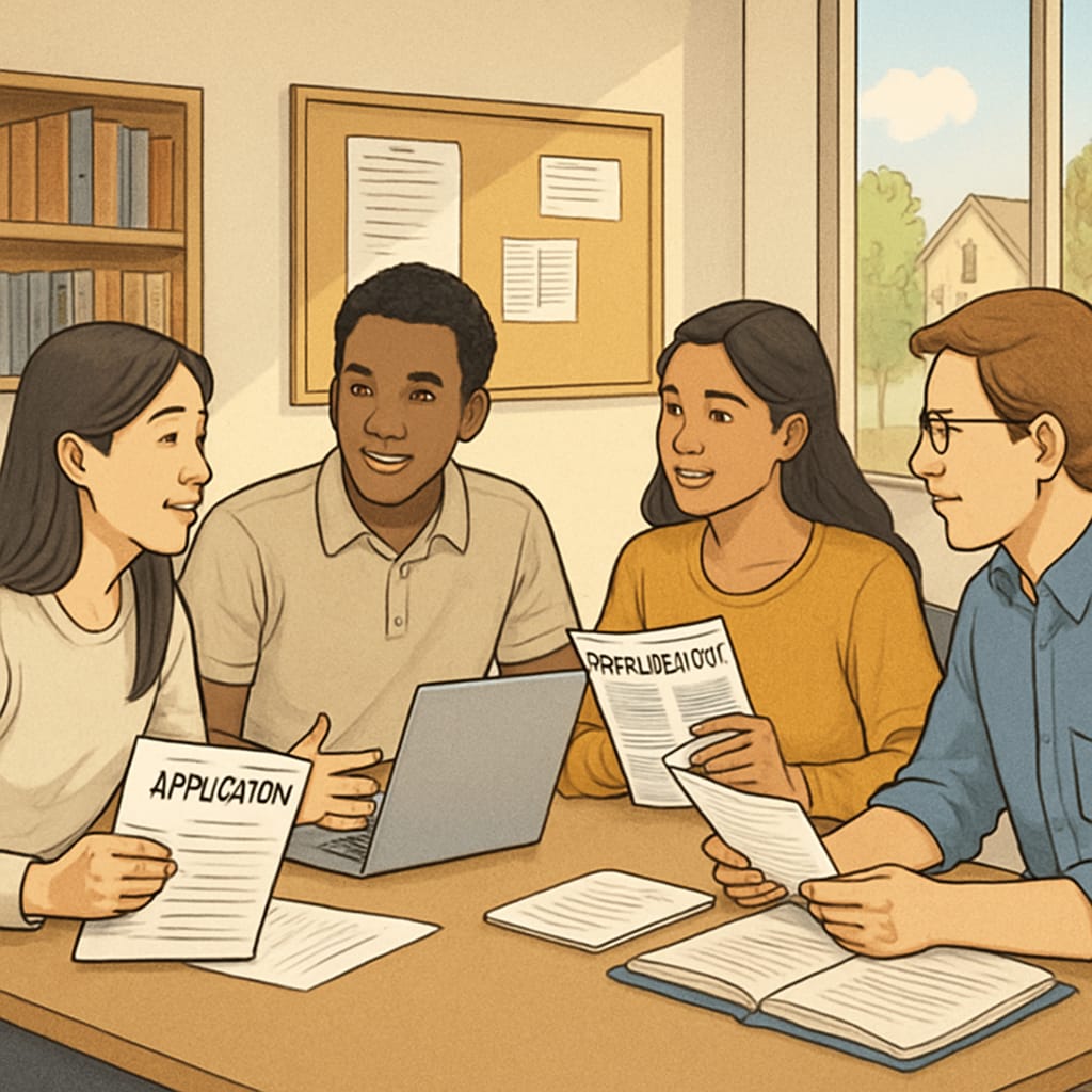 International students discussing AS-Level university admissions.