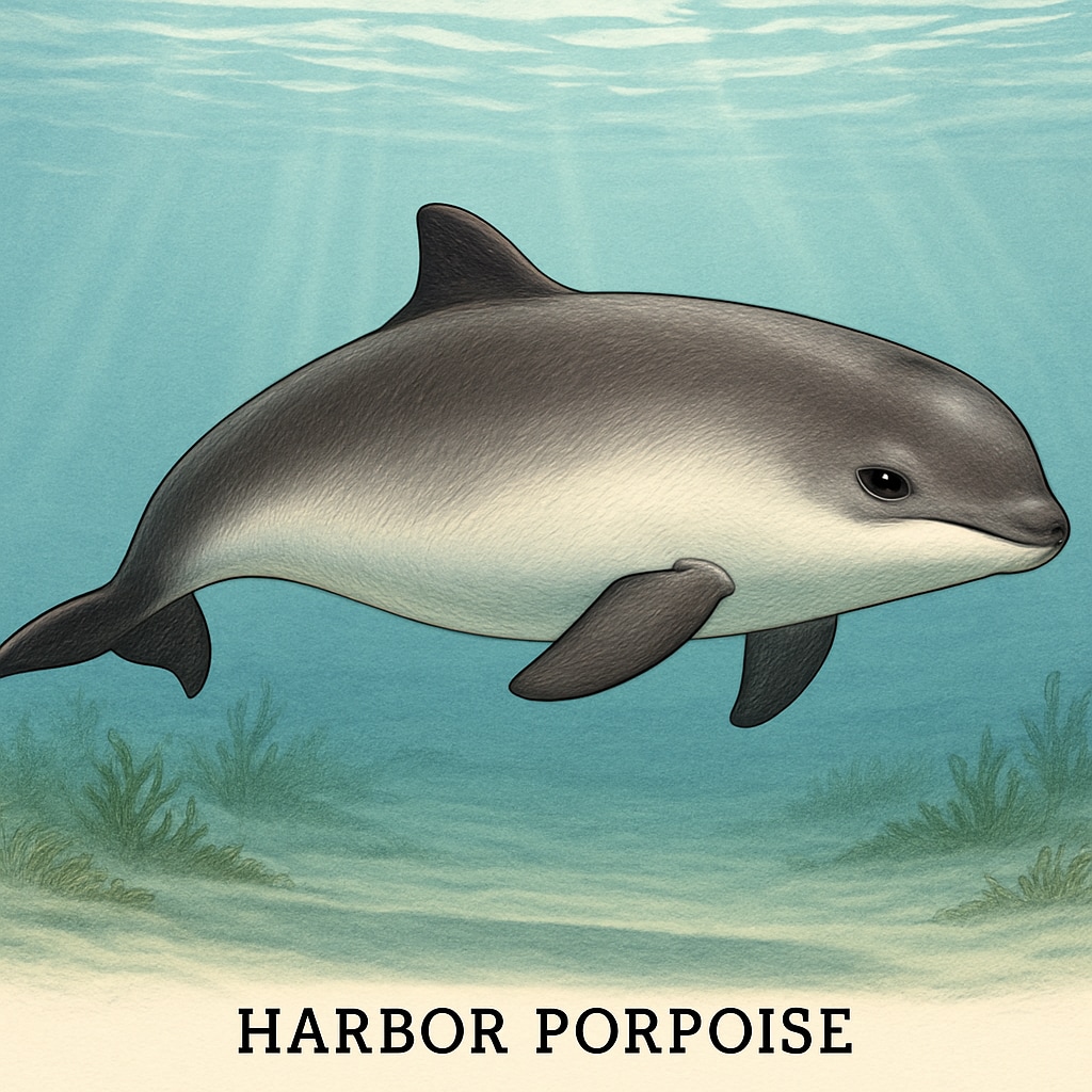 A close-up of a harbor porpoise swimming in coastal waters, showcasing its rounded snout and small dorsal fin. Harbor porpoise, a marine mammal, in coastal waters.